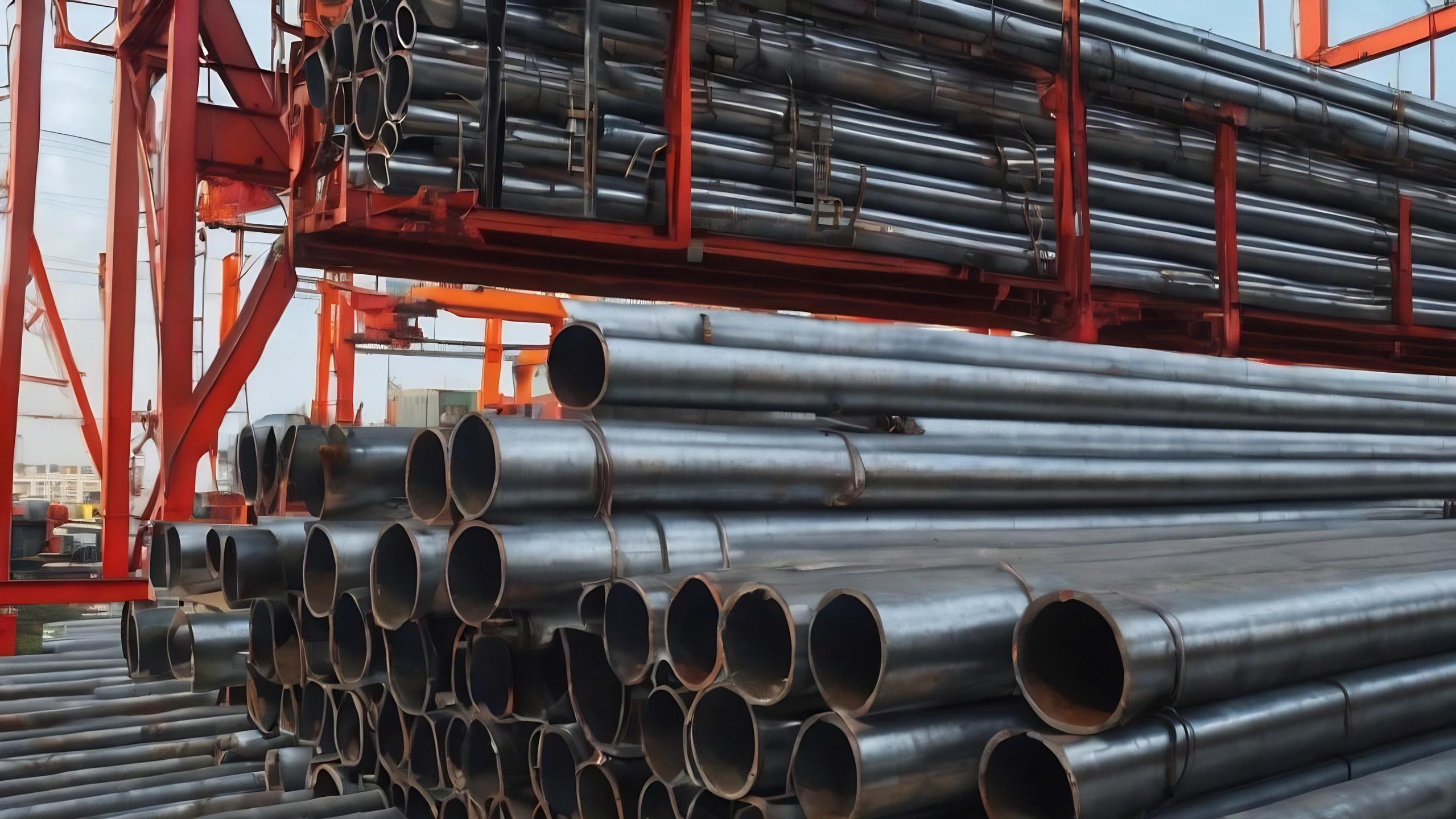 Tubos galvanizados de aço empilhados em ambiente industrial, utilizados em estruturas metálicas e sistemas hidráulicos devido à alta resistência à corrosão.