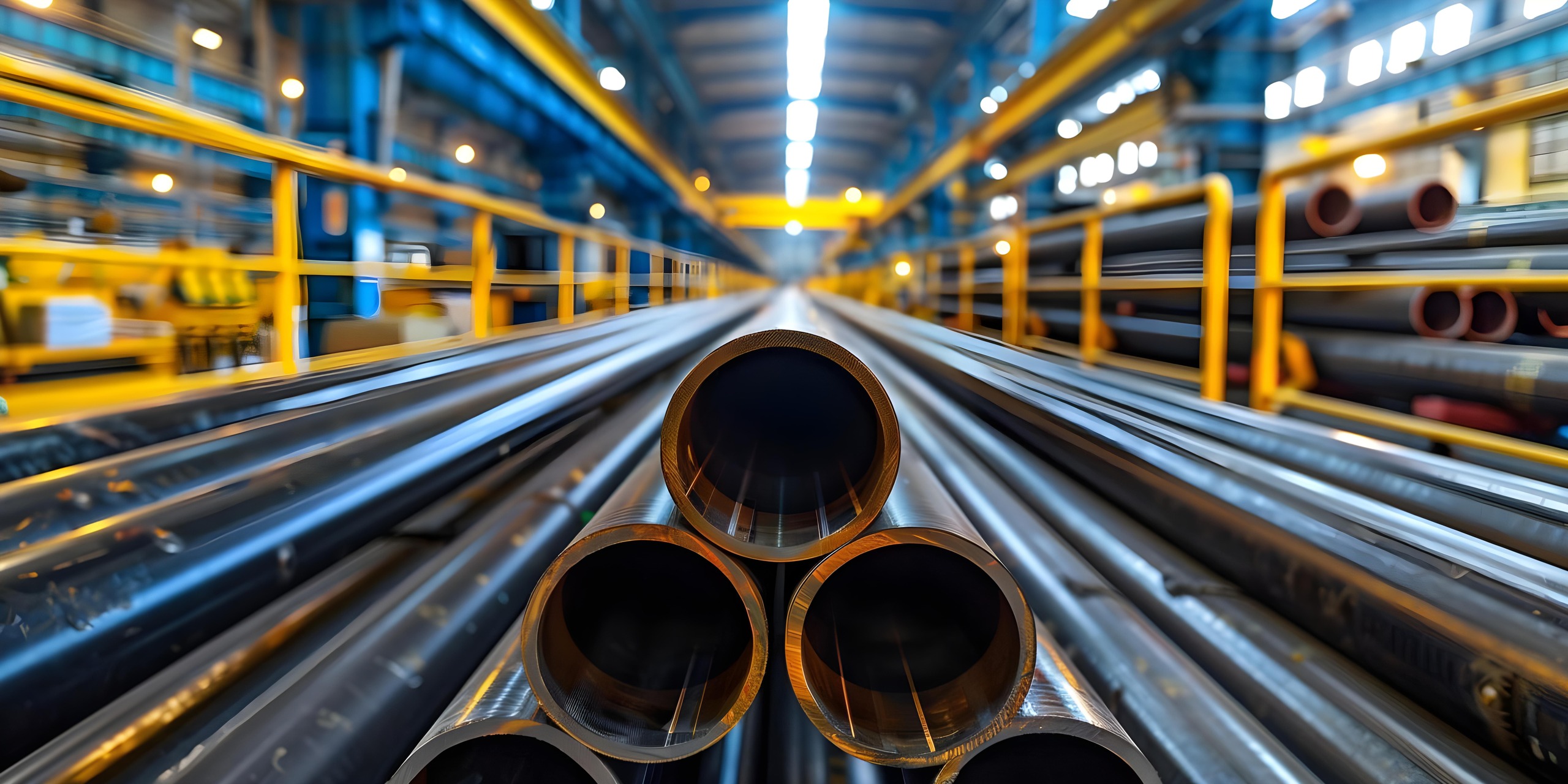 Tubos de aço alinhados em ambiente industrial utilizados na condução de fluidos e em estruturas metálicas na construção civil.
