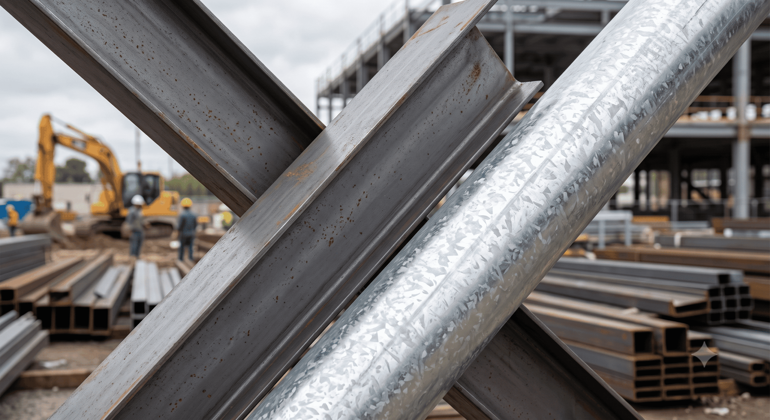 Diferença visual entre aço carbono ou galvanizado em um canteiro de obras.
