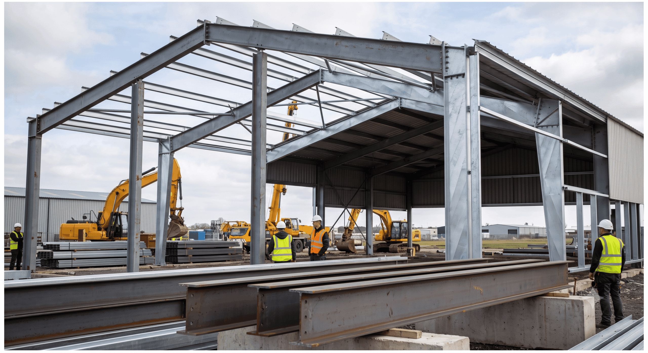 Montagem de uma estrutura metálica para galpão industrial com vigas de aço carbono e trabalhadores no canteiro de obras.