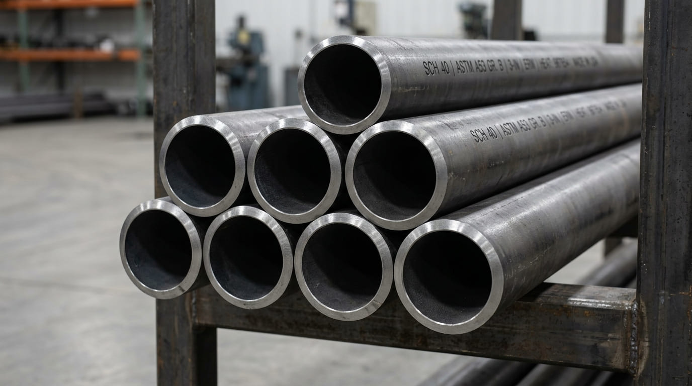Pilha de tubos de aço tubo schedule 40 com marcações ASTM A53 armazenados em uma estante industrial.